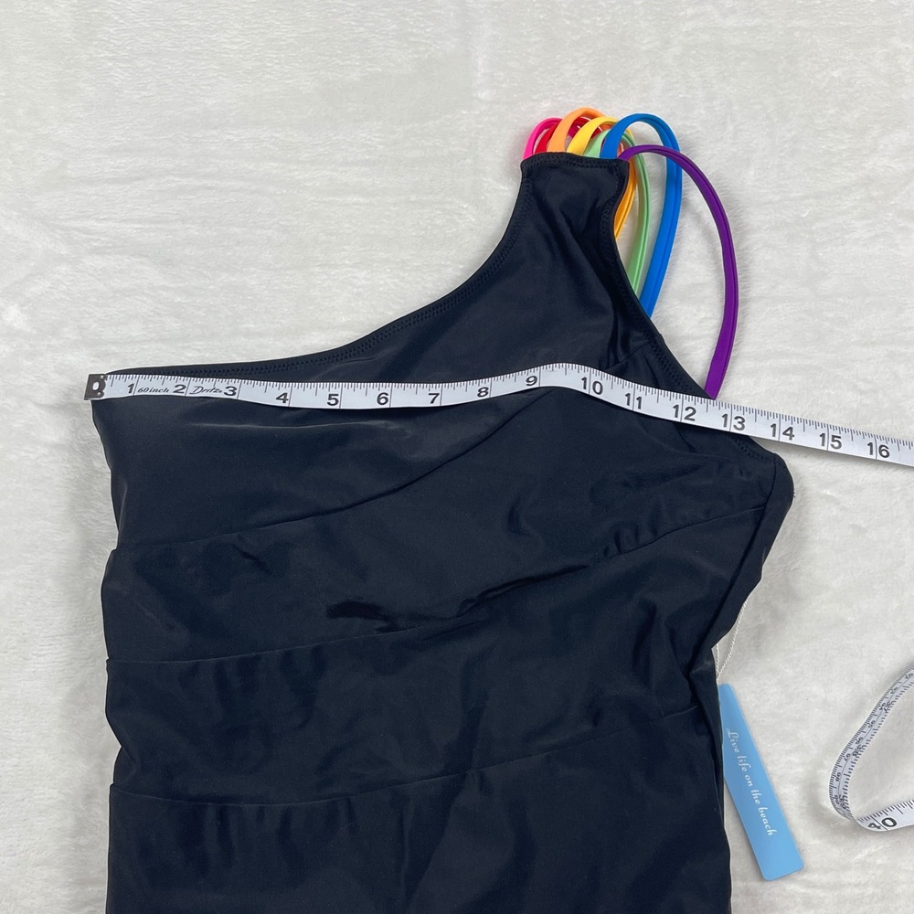 Live Life on the Beach One Shoulder Rainbow Strap Ruched Swimsuit Black Small‎ - Picture 6 of 7